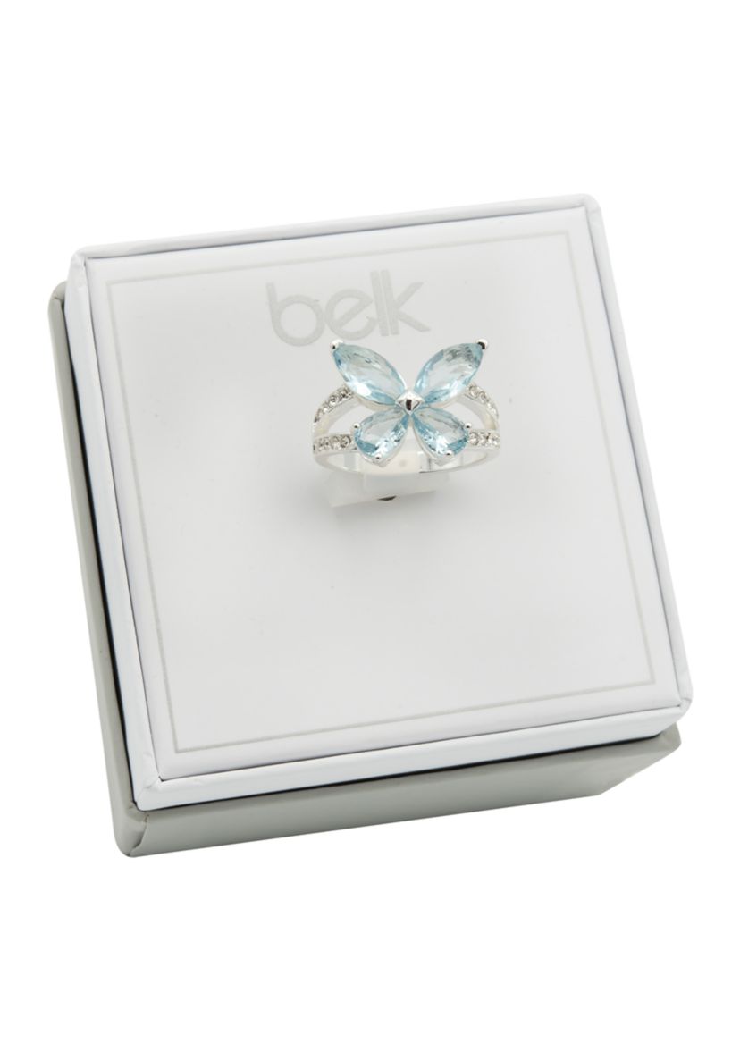 Silver CZ Light Blue and Pavé Butterfly Ring