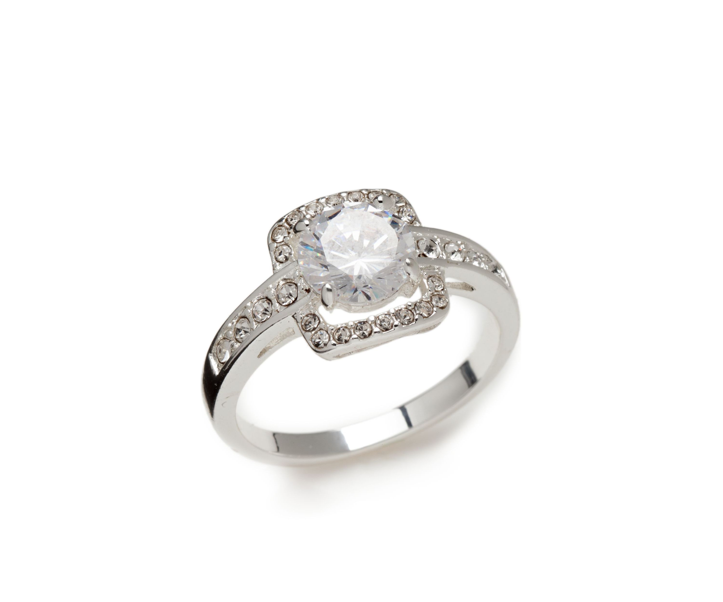 Silver-Tone Cubic Zirconia Crystal Pave Stone Ring