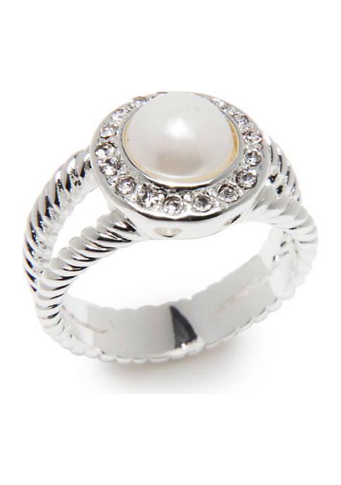 Belk Silver Tone Pearl Crystal Boxed Ring