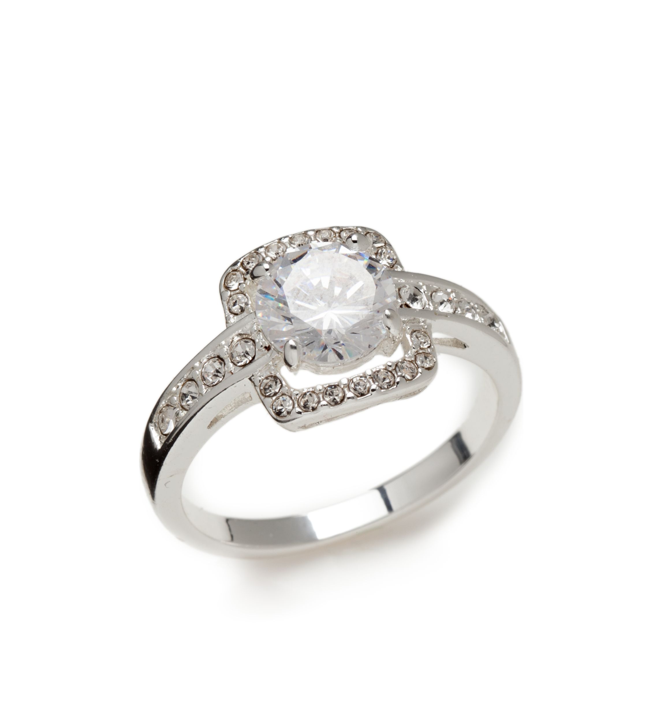 Silver-Tone Cubic Zirconia Crystal Pave Stone Ring