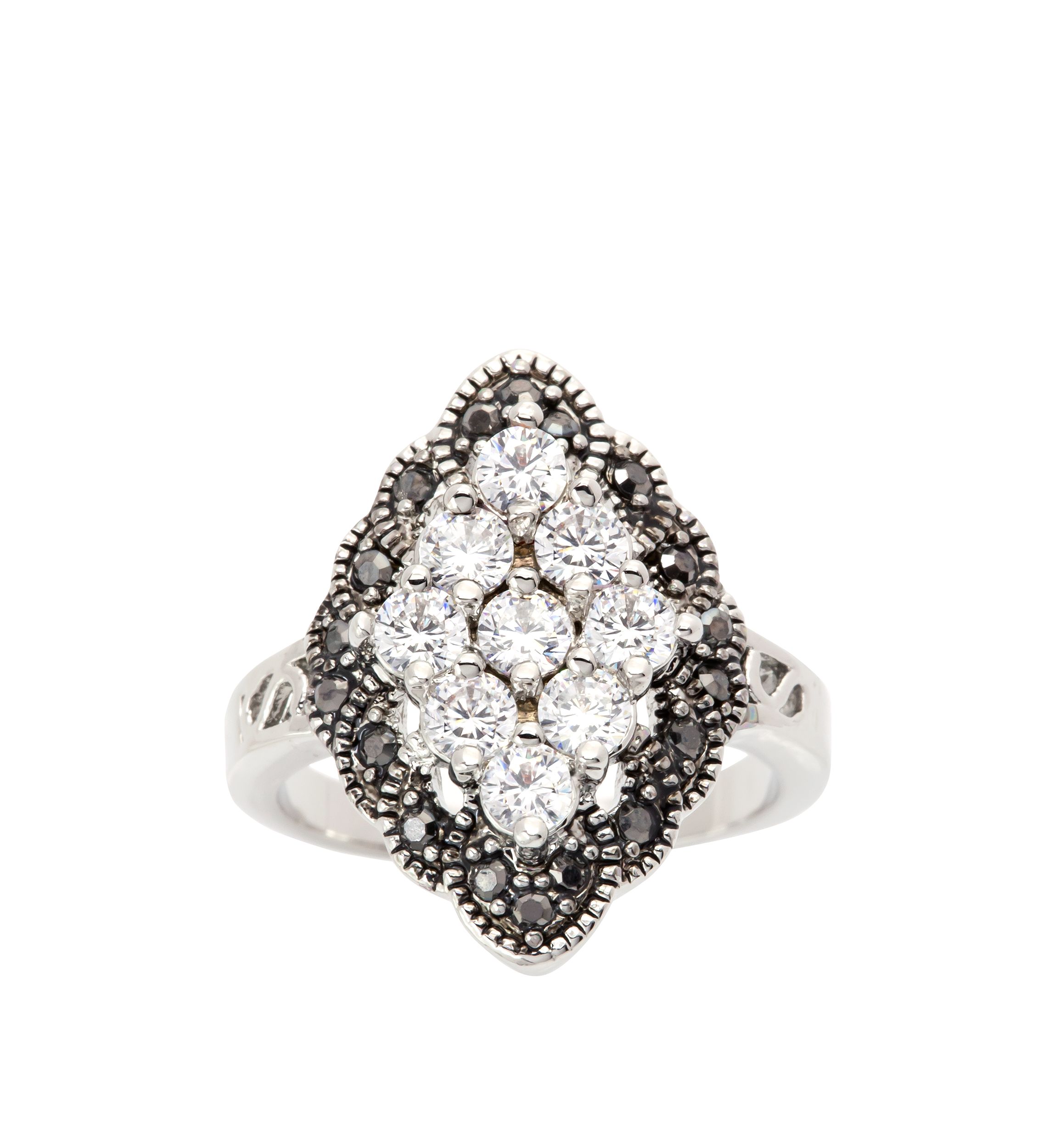 Silver Tone Cubic Zirconia Cluster Marcasite Ring