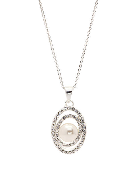 Belk Silver-Tone Crystal Pave Circle Pearl Pendant Boxed