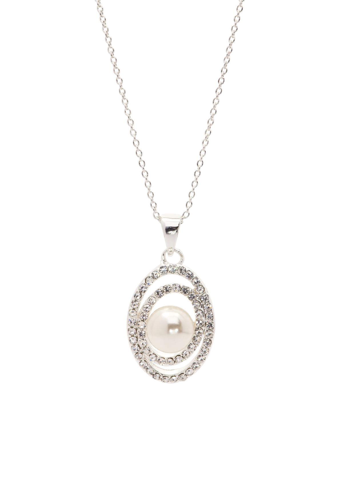 Silver-Tone Crystal Pave Circle Pearl Pendant Boxed Necklace