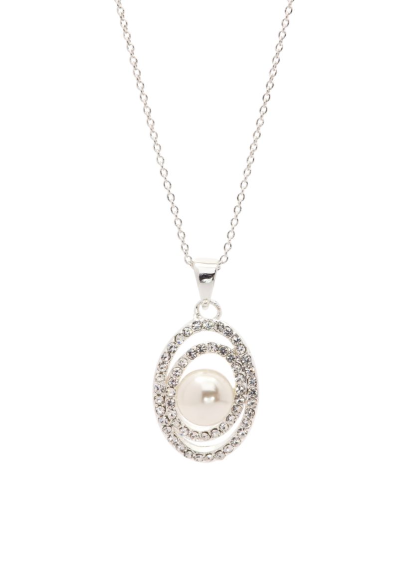 Silver-Tone Crystal Pave Circle Pearl Pendant Boxed Necklace