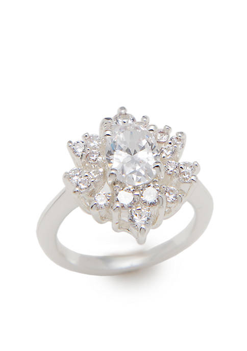 Boxed Silver Tone Cubic Zirconia Oval Stone Flower Ring