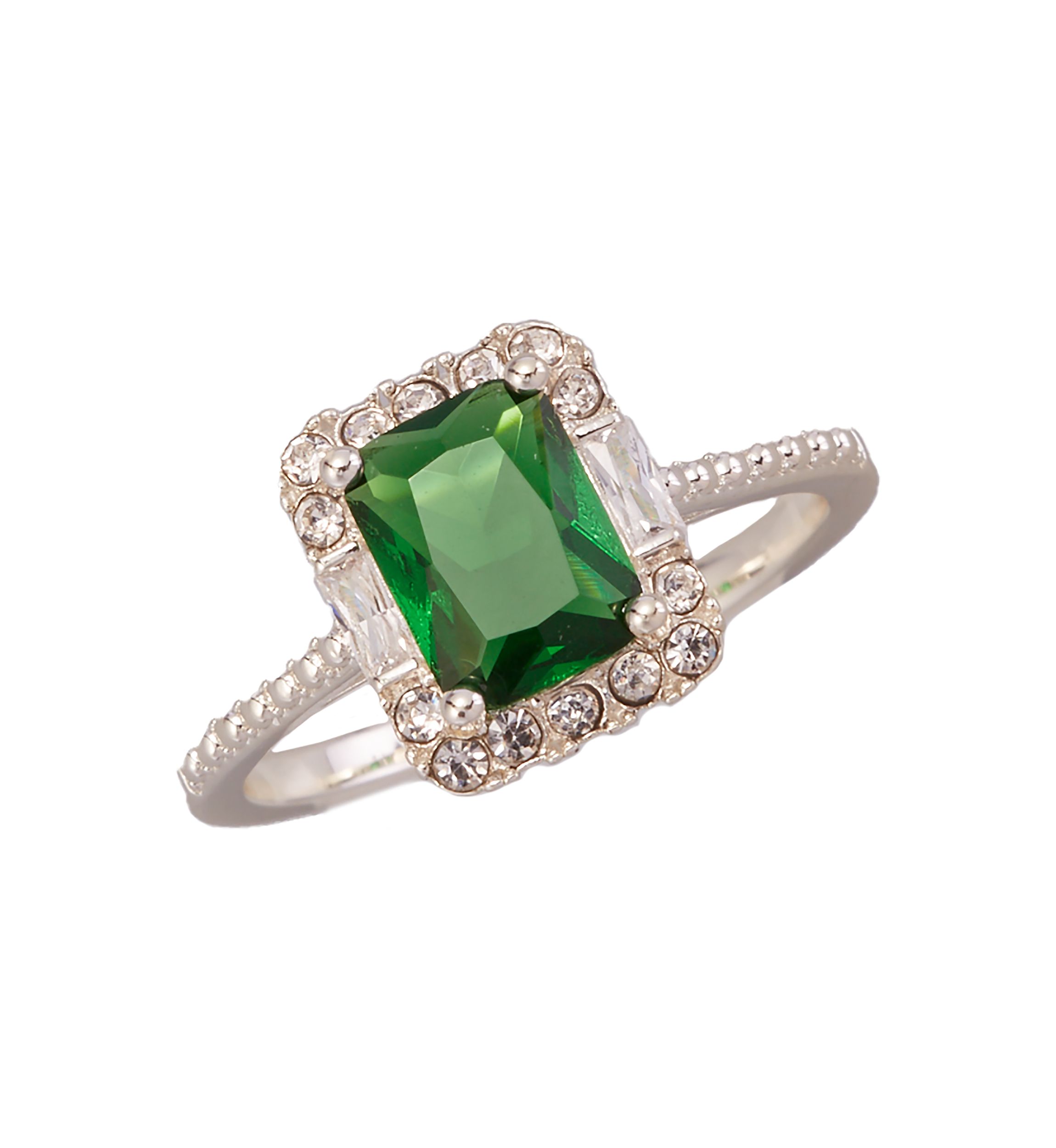 Boxed Silver Tone Lab Created Emerald Cubic Zirconia Ring 