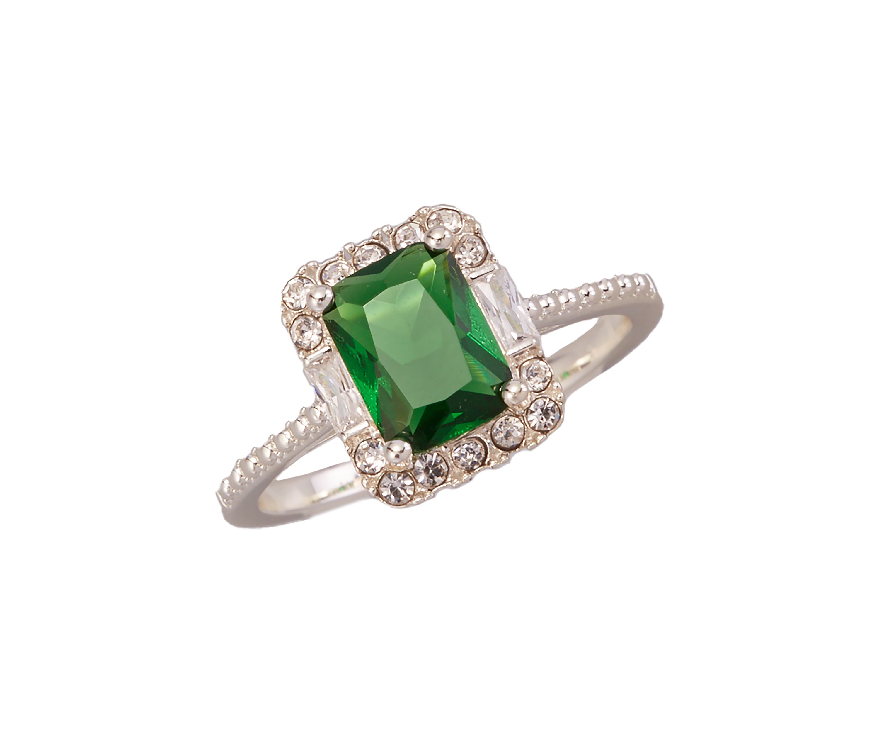 Boxed Silver Tone Lab Created Emerald Cubic Zirconia Ring 
