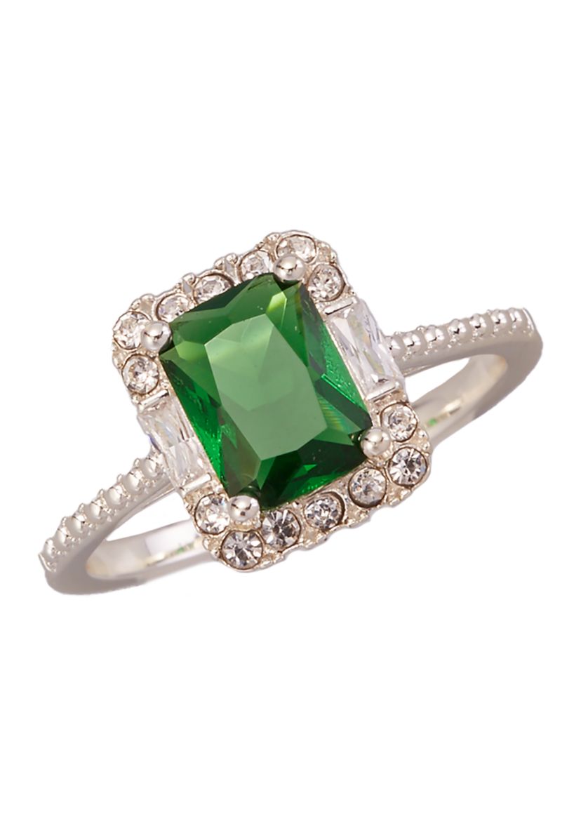 Boxed Silver Tone Lab Created Emerald Cubic Zirconia Ring 