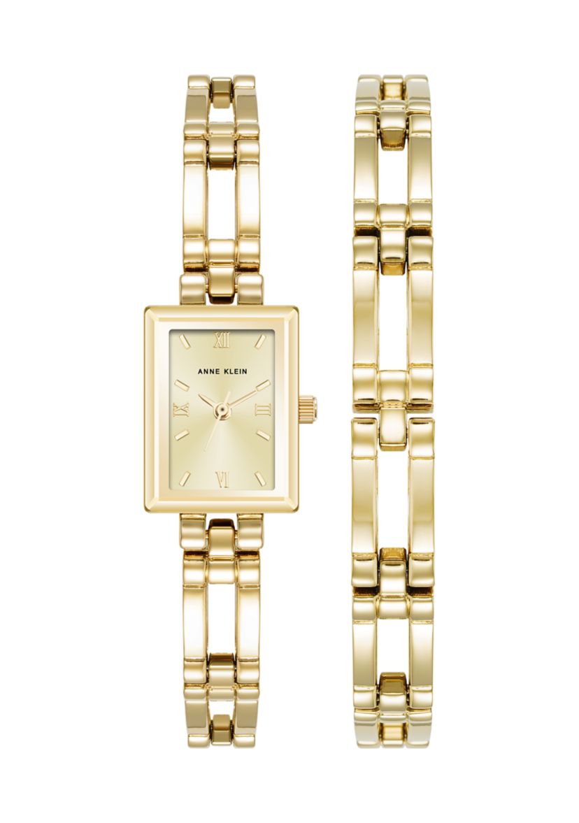 Quartz Iconic Gold-Tone Metal Alloy Rectangular Case Bracelet and Watch Set