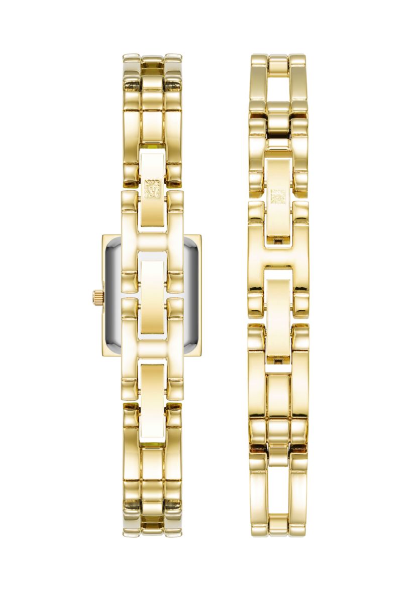 Quartz Iconic Gold-Tone Metal Alloy Rectangular Case Bracelet and Watch Set