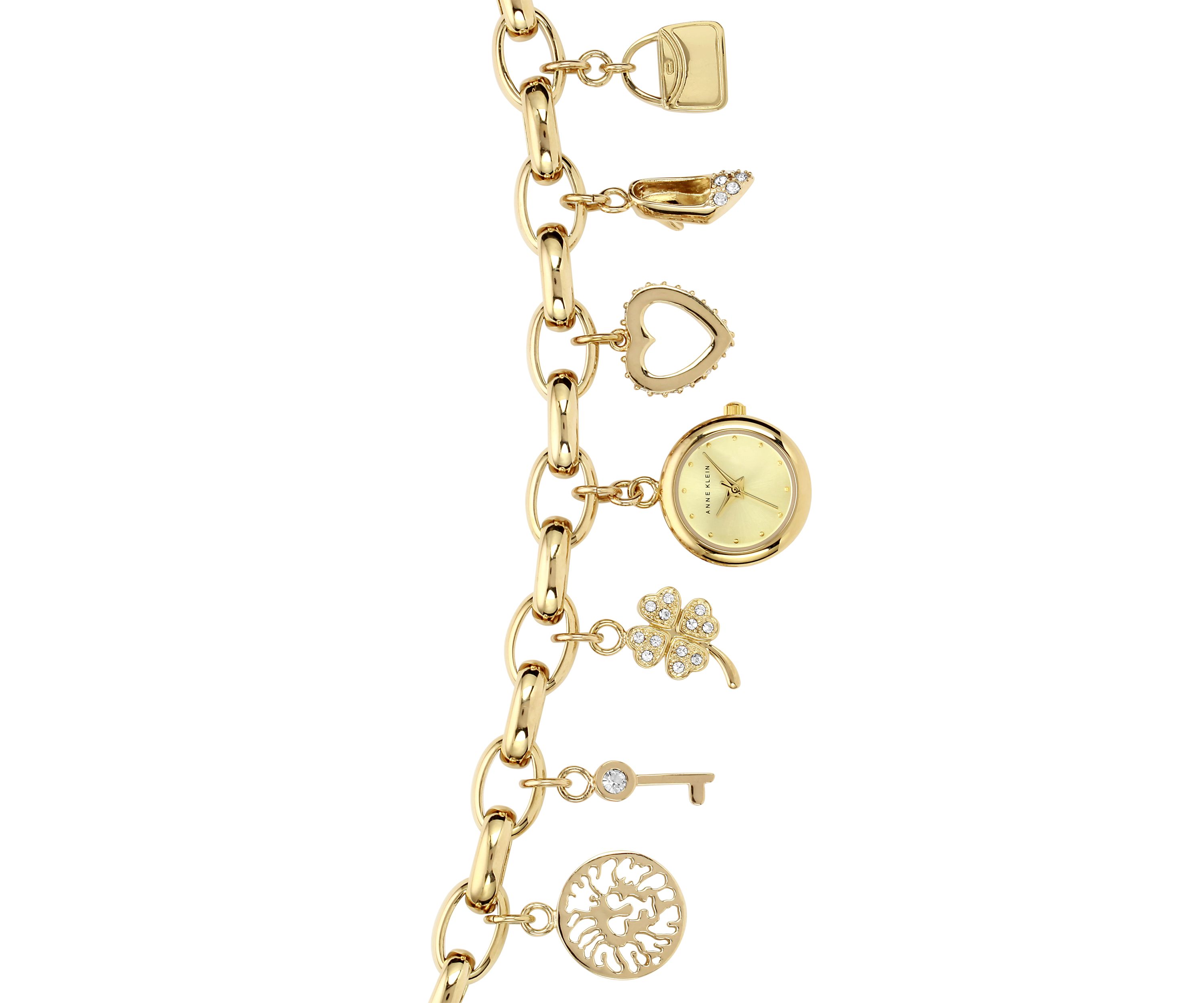Quartz Crystal Accented Gold-Tone Metal Alloy Charm Bracelet Watch