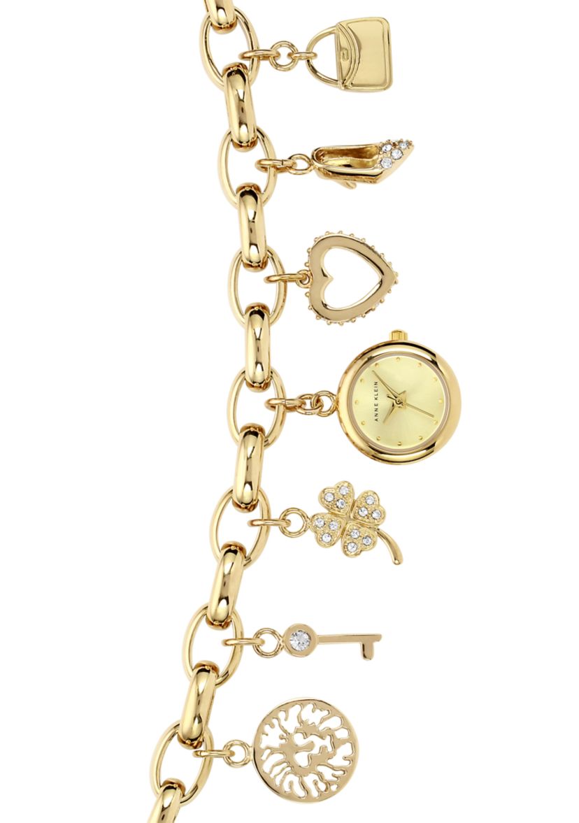 Quartz Crystal Accented Gold-Tone Metal Alloy Charm Bracelet Watch