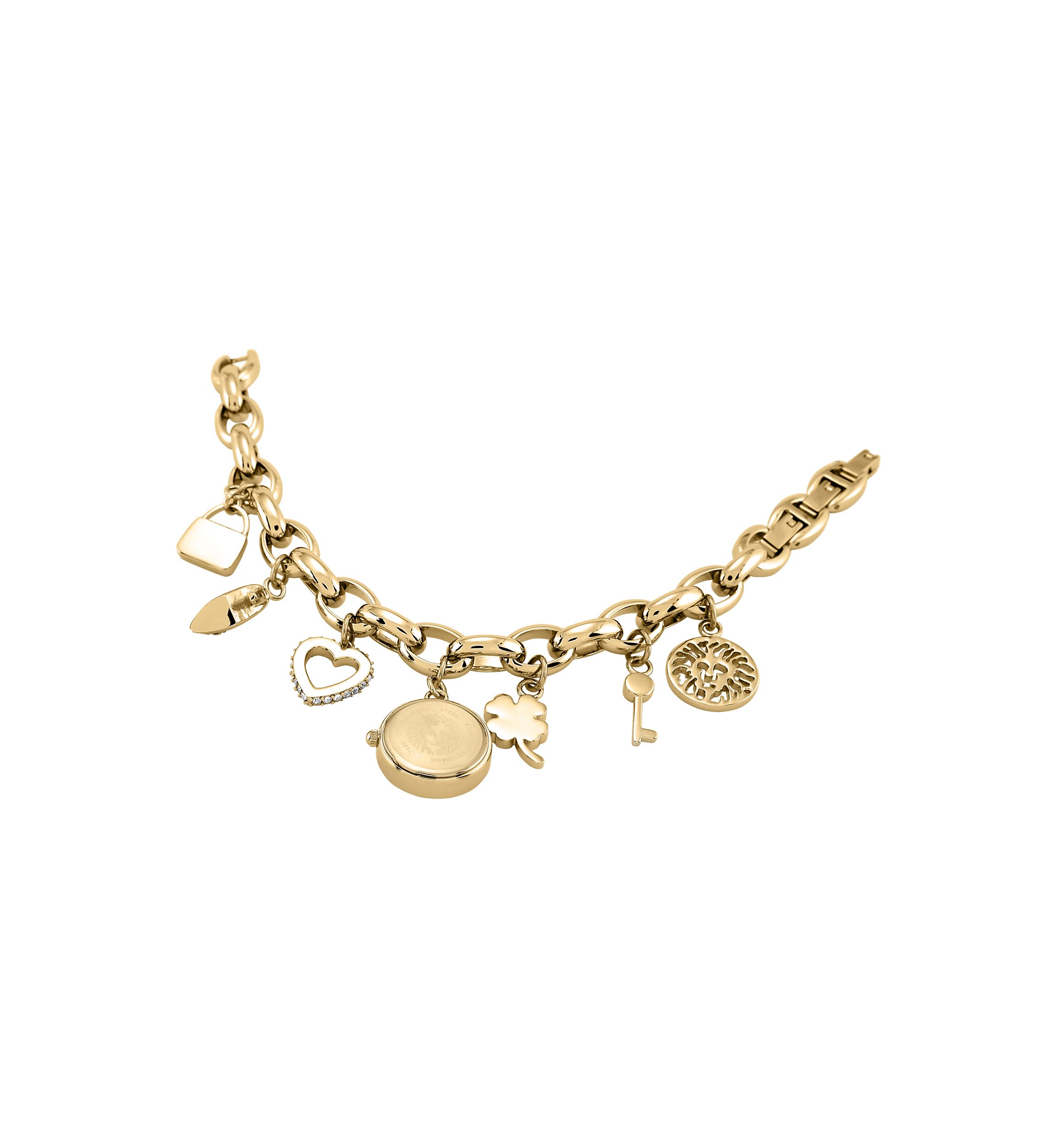 Quartz Crystal Accented Gold-Tone Metal Alloy Charm Bracelet Watch