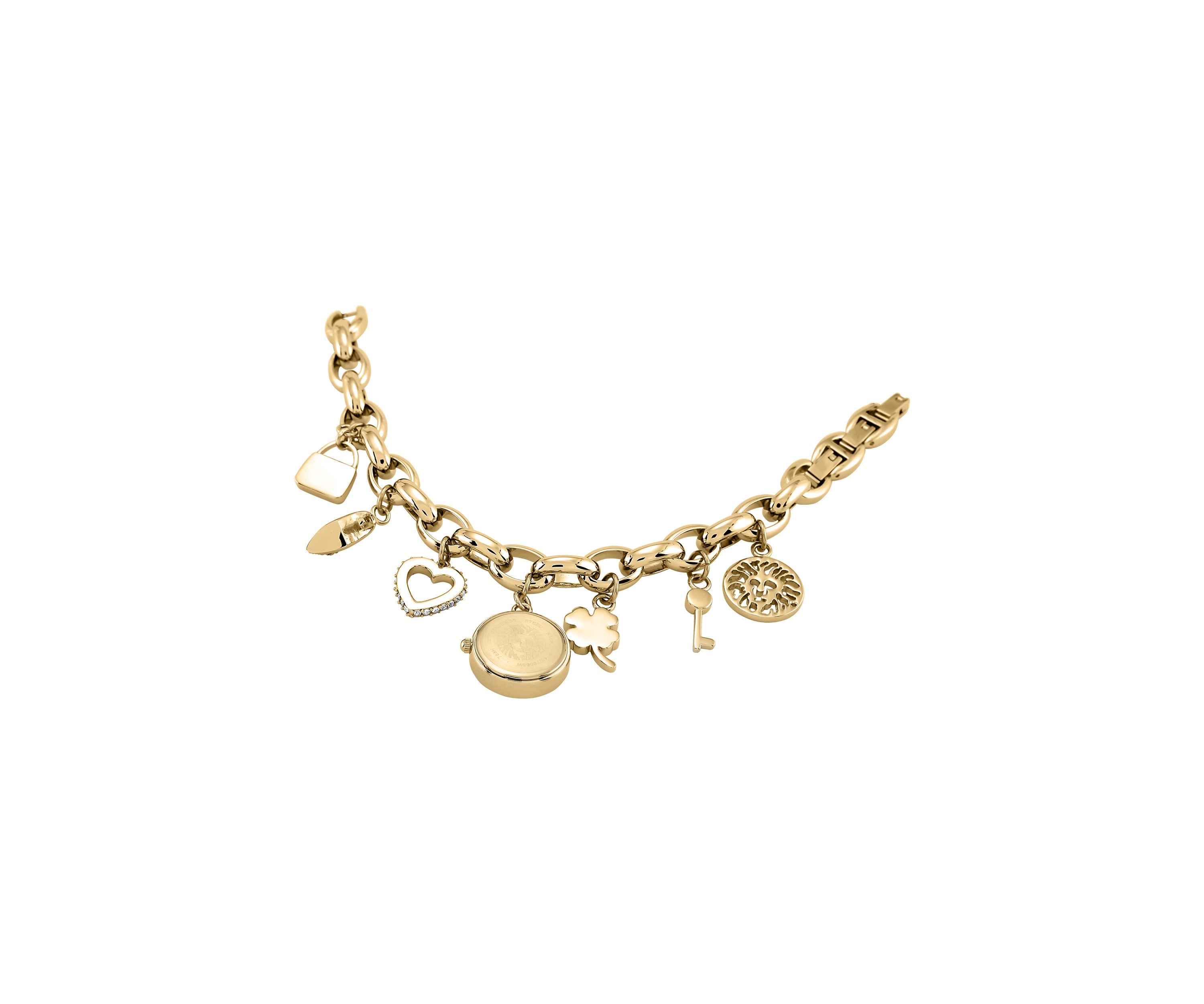 Quartz Crystal Accented Gold-Tone Metal Alloy Charm Bracelet Watch