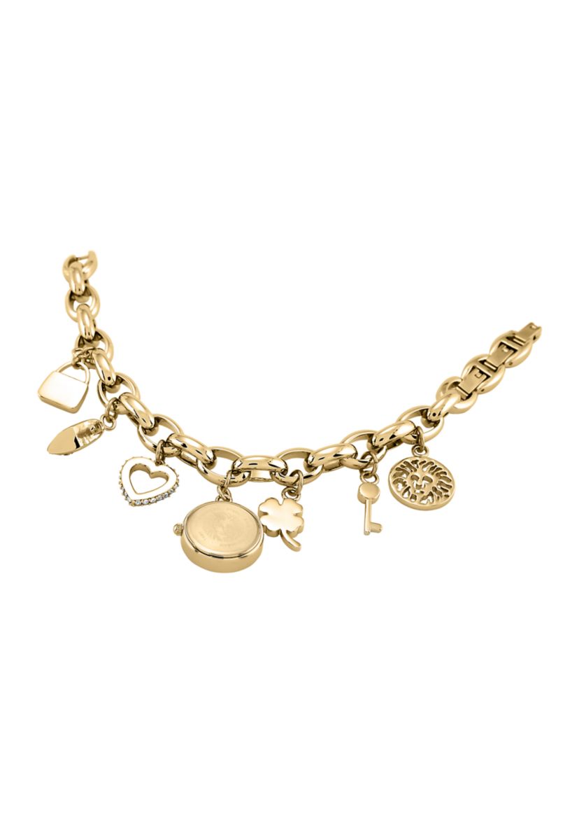 Quartz Crystal Accented Gold-Tone Metal Alloy Charm Bracelet Watch