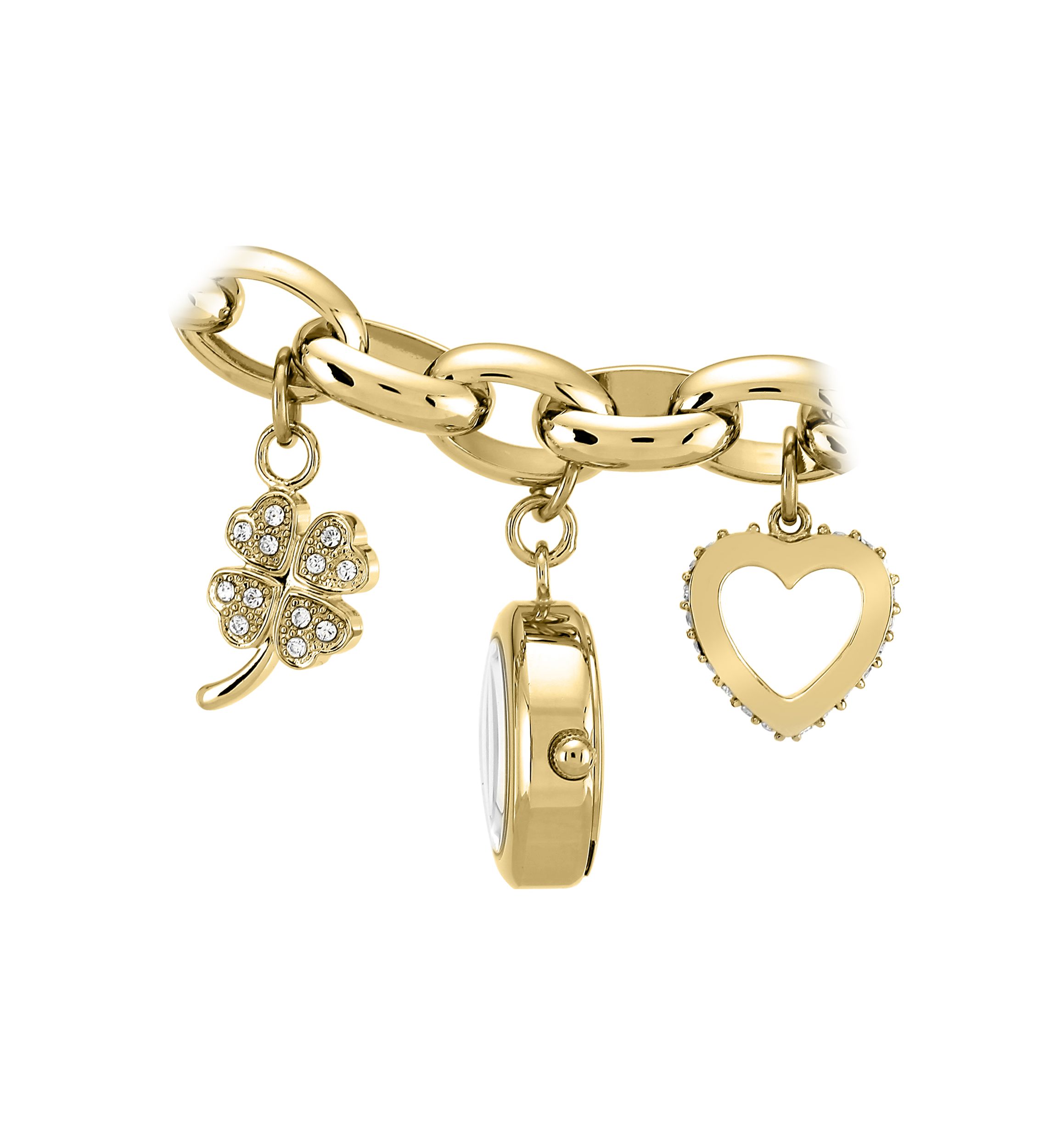 Quartz Crystal Accented Gold-Tone Metal Alloy Charm Bracelet Watch