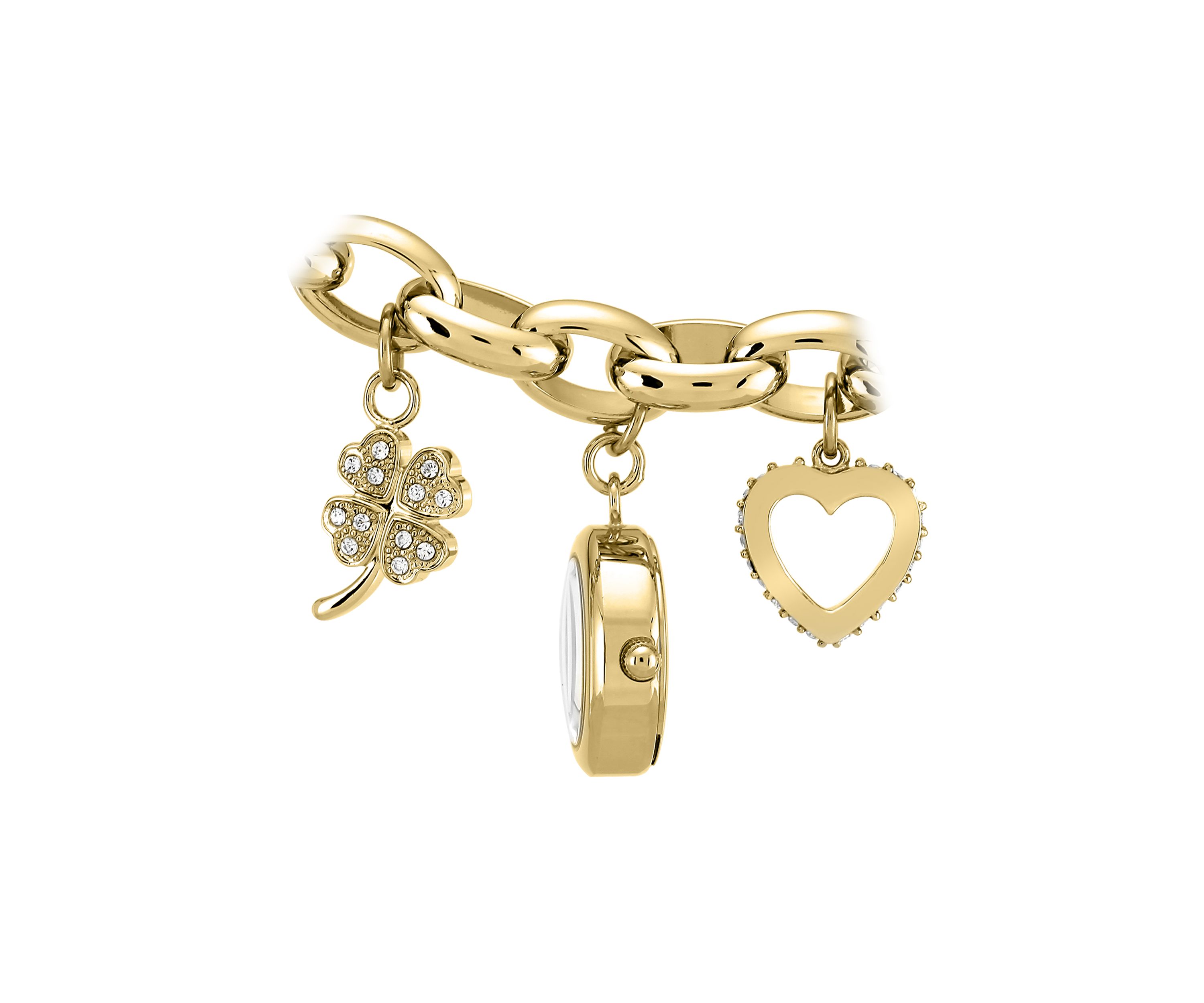 Quartz Crystal Accented Gold-Tone Metal Alloy Charm Bracelet Watch