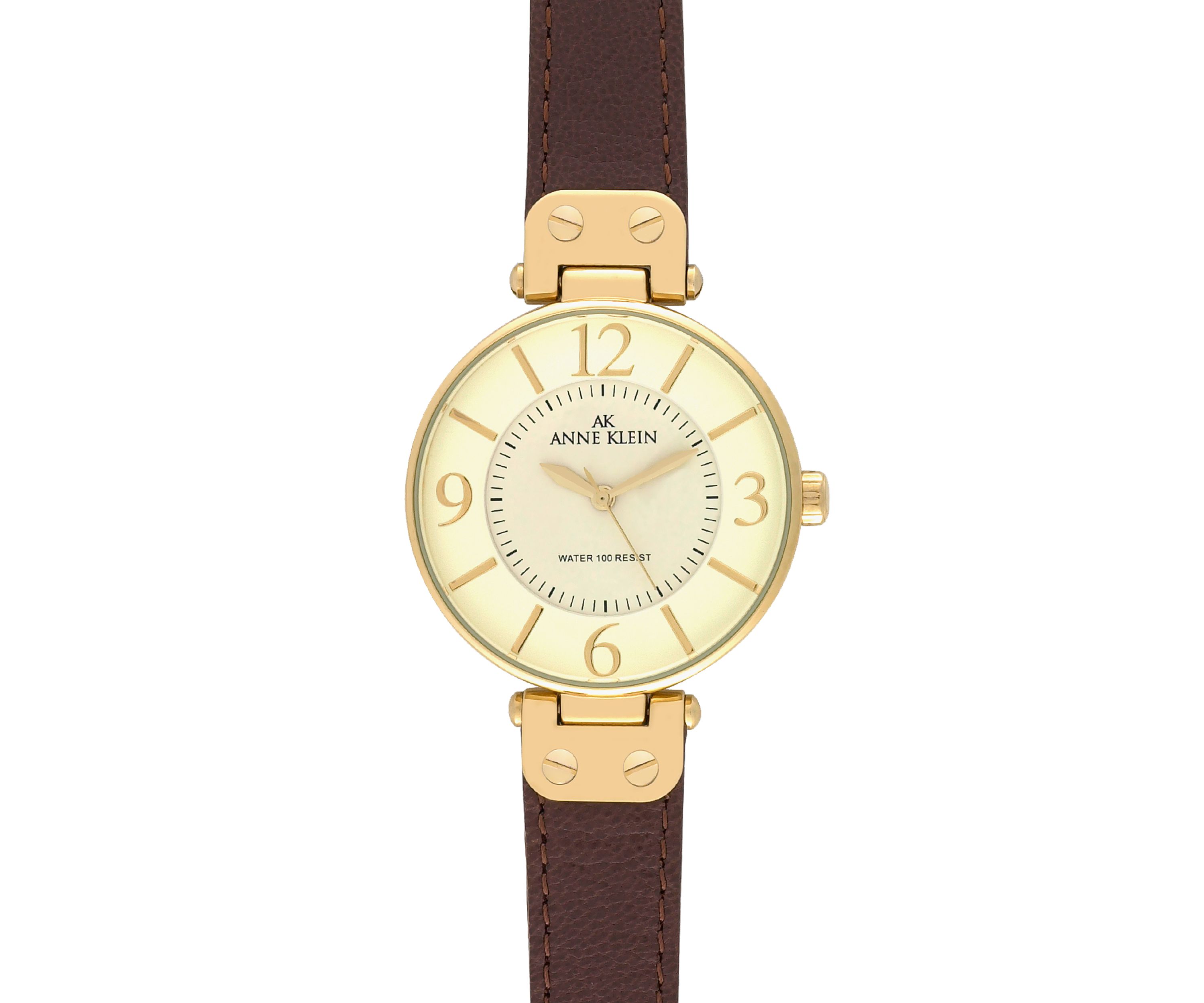 Gold Round Bezel Watch with Brown Leather Strap