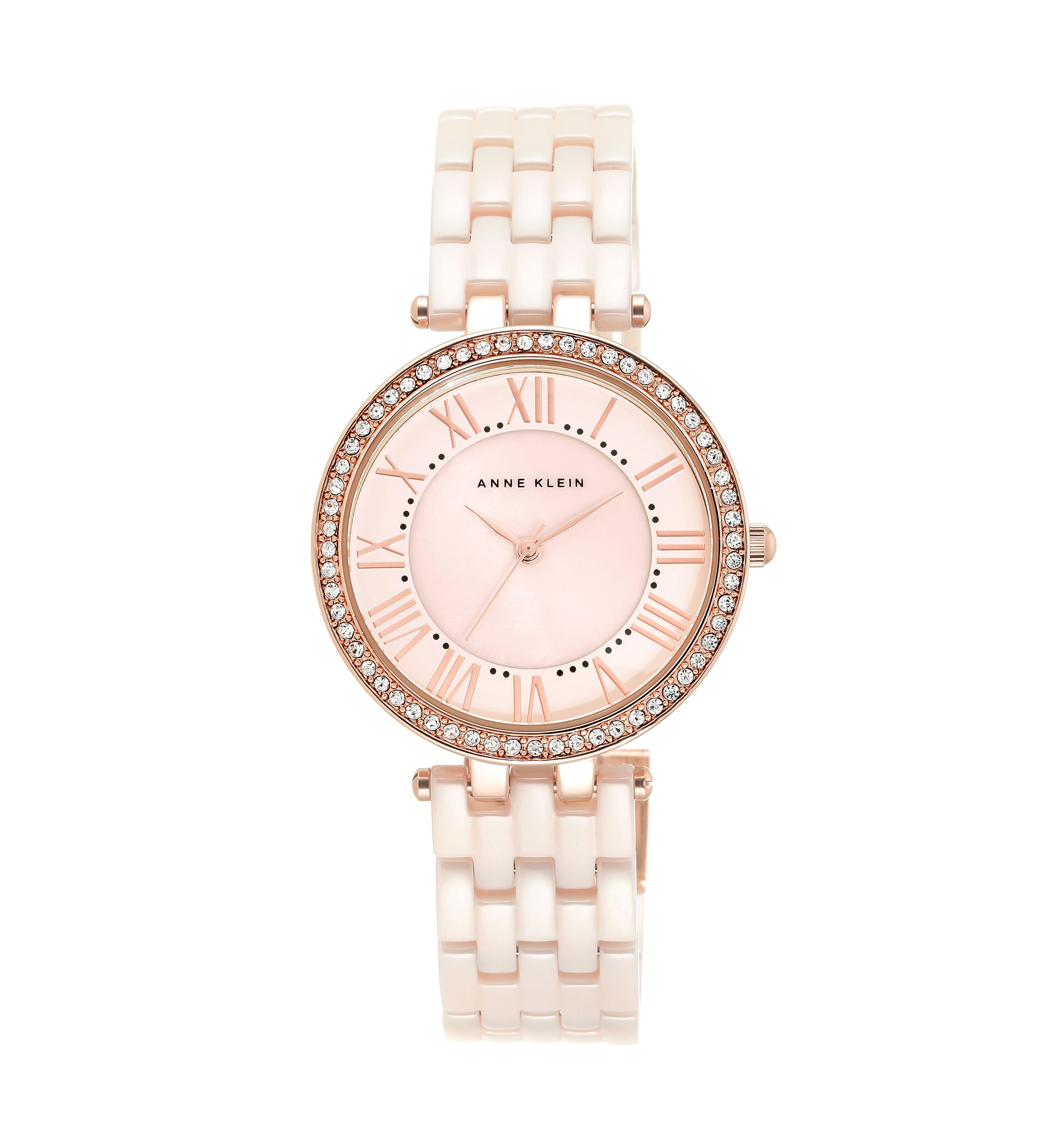 Quartz Round Pink Ceramic Link with Rose Gold-Tone Metal Alloy Watch