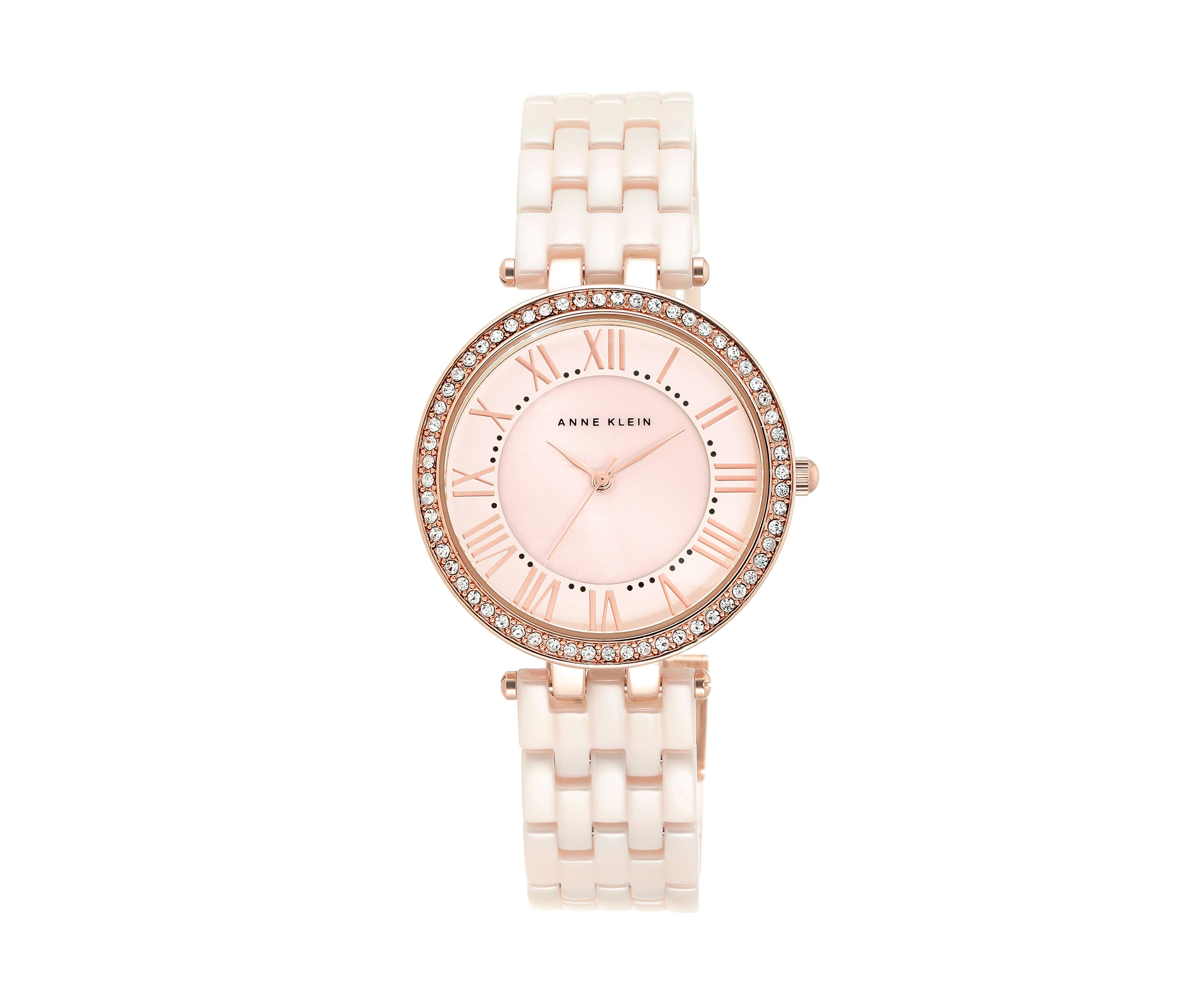 Quartz Round Pink Ceramic Link with Rose Gold-Tone Metal Alloy Watch