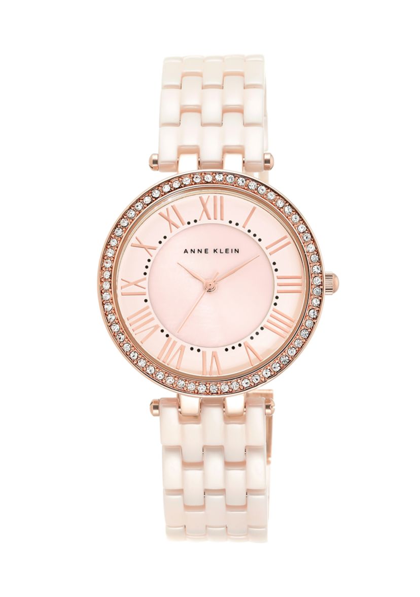 Quartz Round Pink Ceramic Link with Rose Gold-Tone Metal Alloy Watch