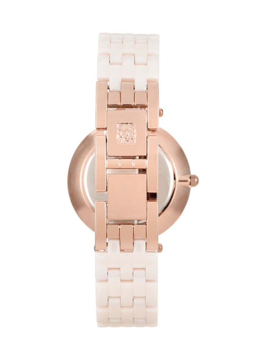 Quartz Round Pink Ceramic Link with Rose Gold-Tone Metal Alloy Watch