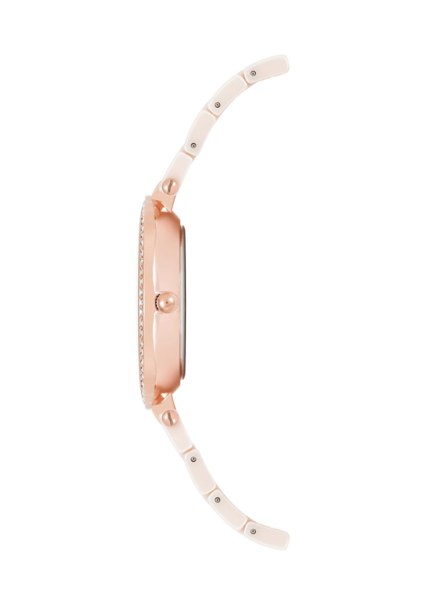 Quartz Round Pink Ceramic Link with Rose Gold-Tone Metal Alloy Watch