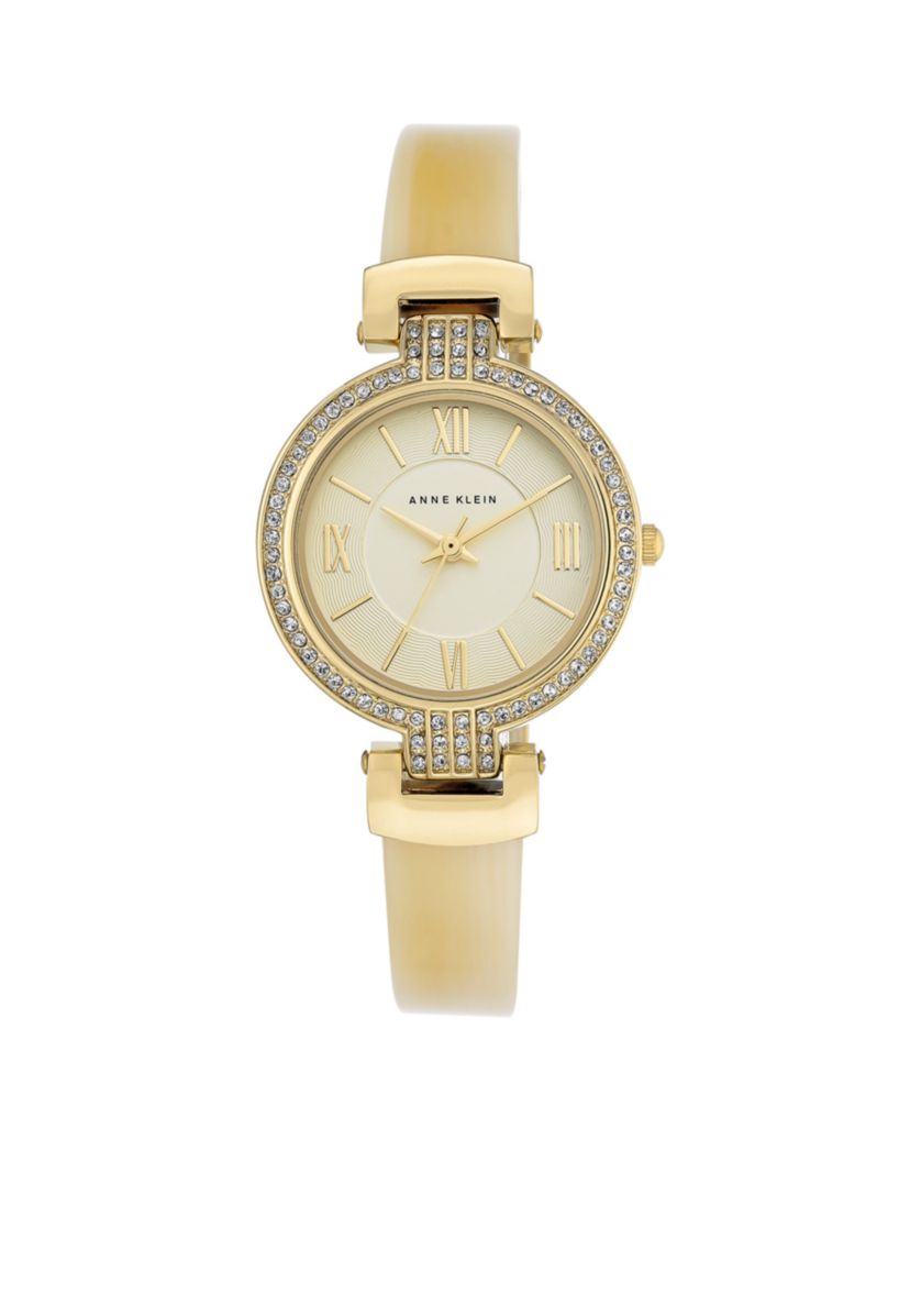 Womens Gold-Tone Horn Bangle Crystal Bezel Watch
