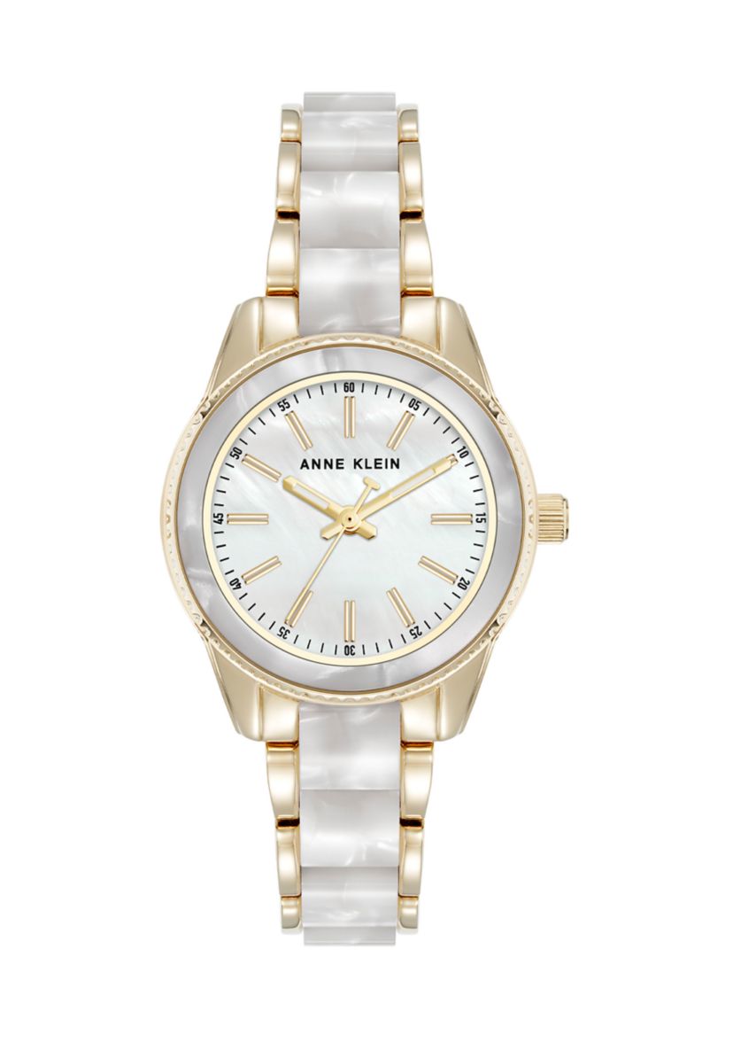Quartz Ivory Pearlescent Acetate and Gold-Tone Metal Alloy Link Bracelet Watch