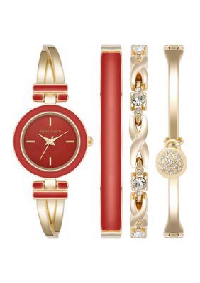 Anne Klein Women's Red Gold Tone Watch and Bracelet Set