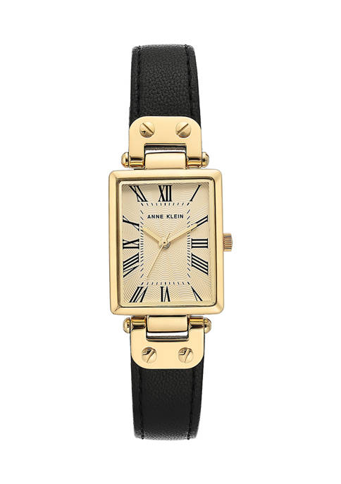 Black Leather Strap Gold Tone Case Watch 