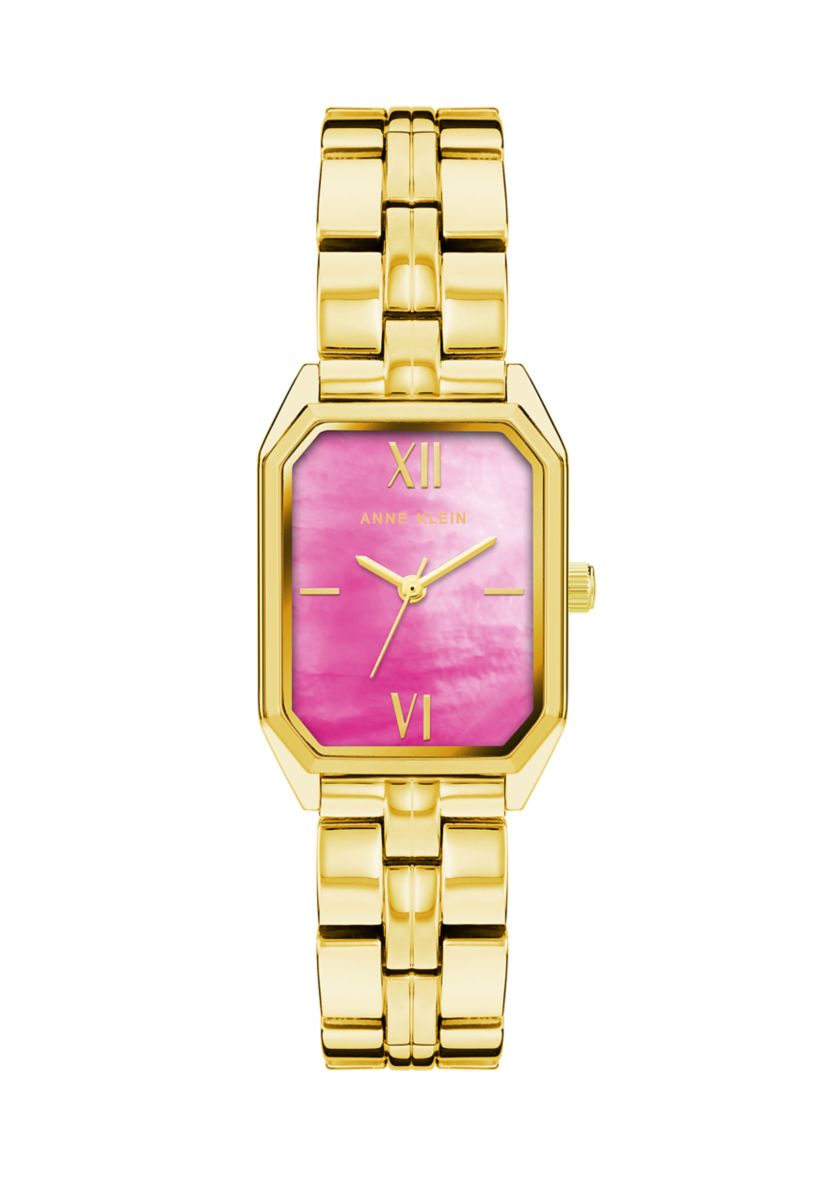 Womens Gold-Tone Link Bracelet with Pink Mother of Pearl Dial Watch, 24mm