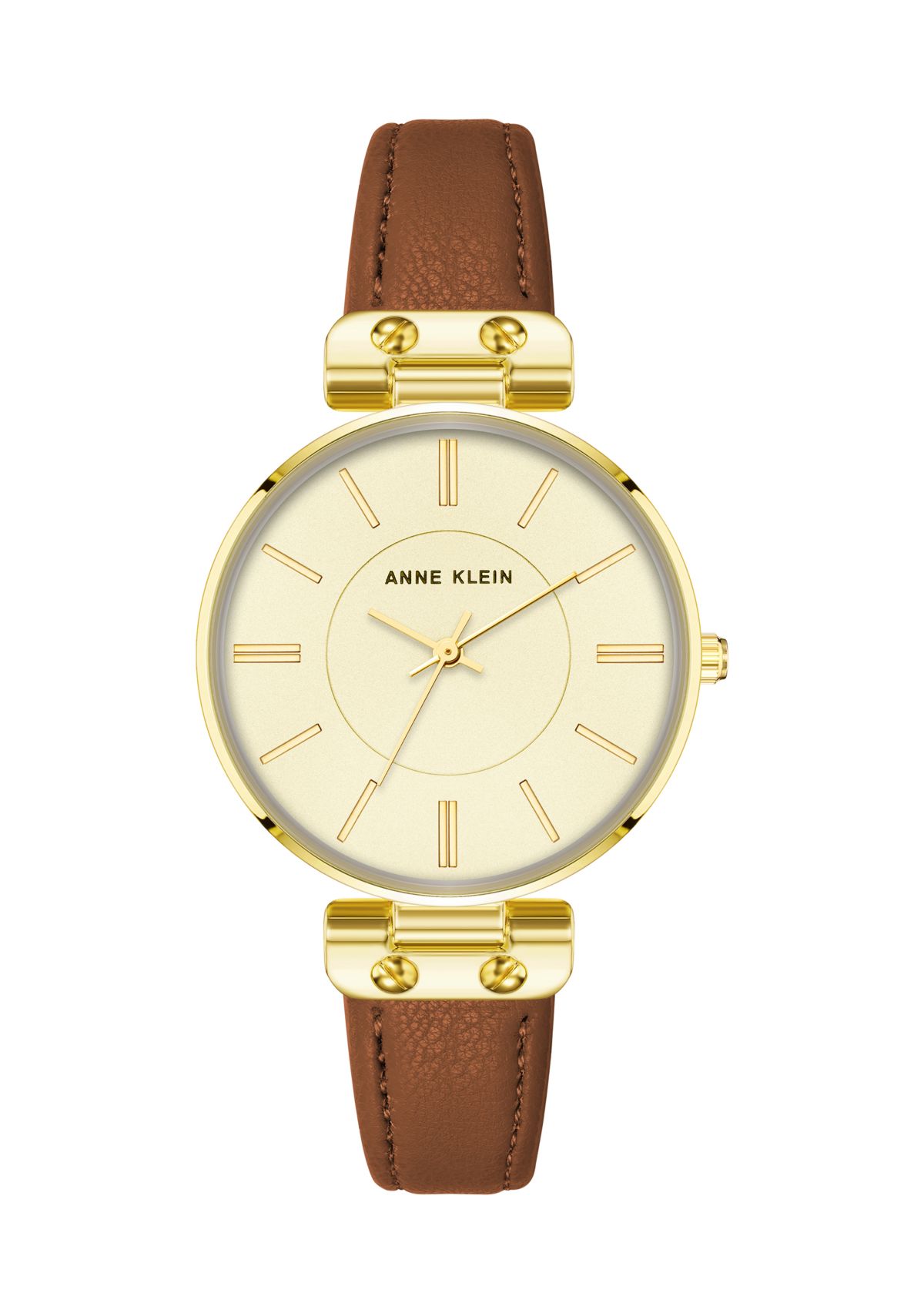 Gold Tone Metal with Brown Genuine Leather Strap Watch