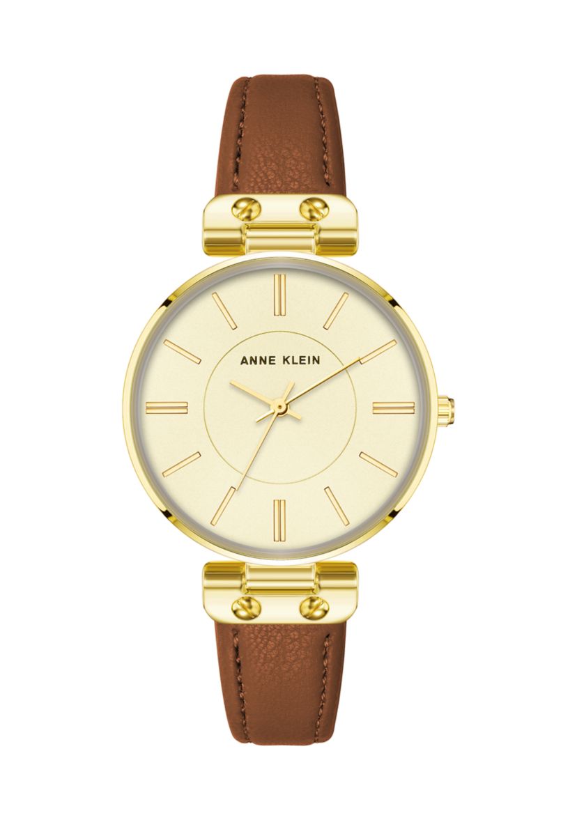 Gold Tone Metal with Brown Genuine Leather Strap Watch