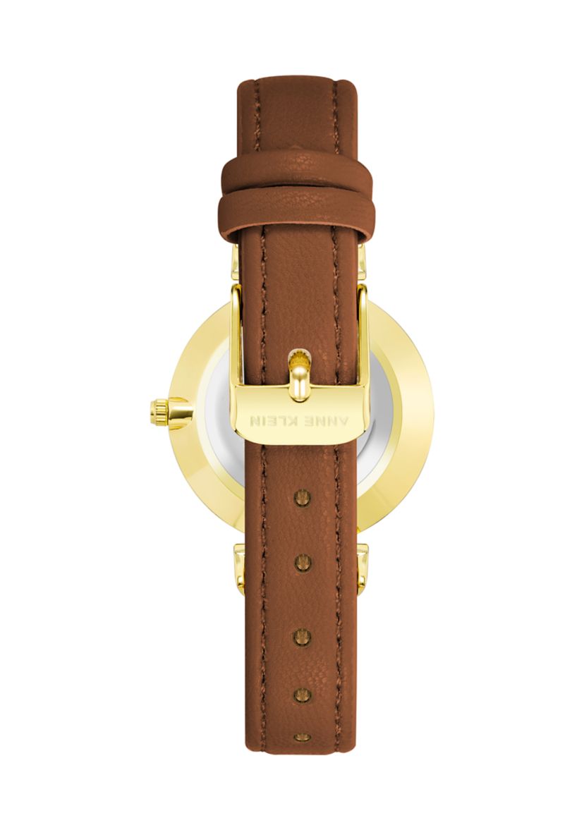 Gold Tone Metal with Brown Genuine Leather Strap Watch