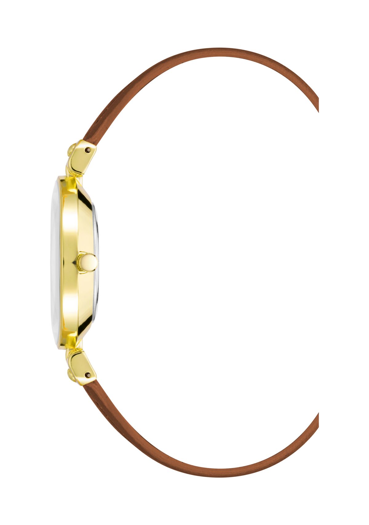 Gold Tone Metal with Brown Genuine Leather Strap Watch