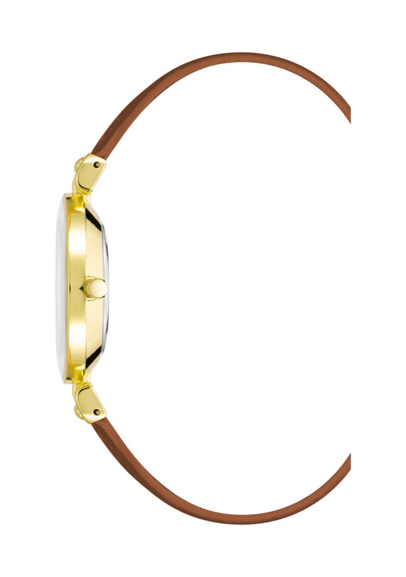 Gold Tone Metal with Brown Genuine Leather Strap Watch