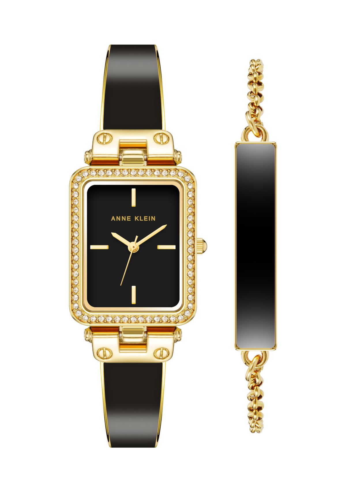 Women’s 22 Millimeter Gold-Tone Alloy and Black Enamel Bracelet Watch Set 