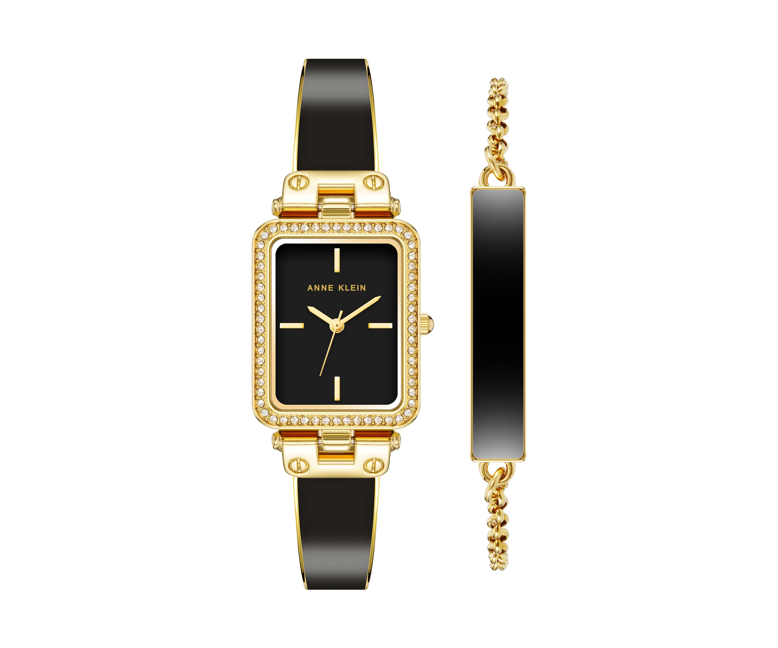 Women’s 22 Millimeter Gold-Tone Alloy and Black Enamel Bracelet Watch Set 