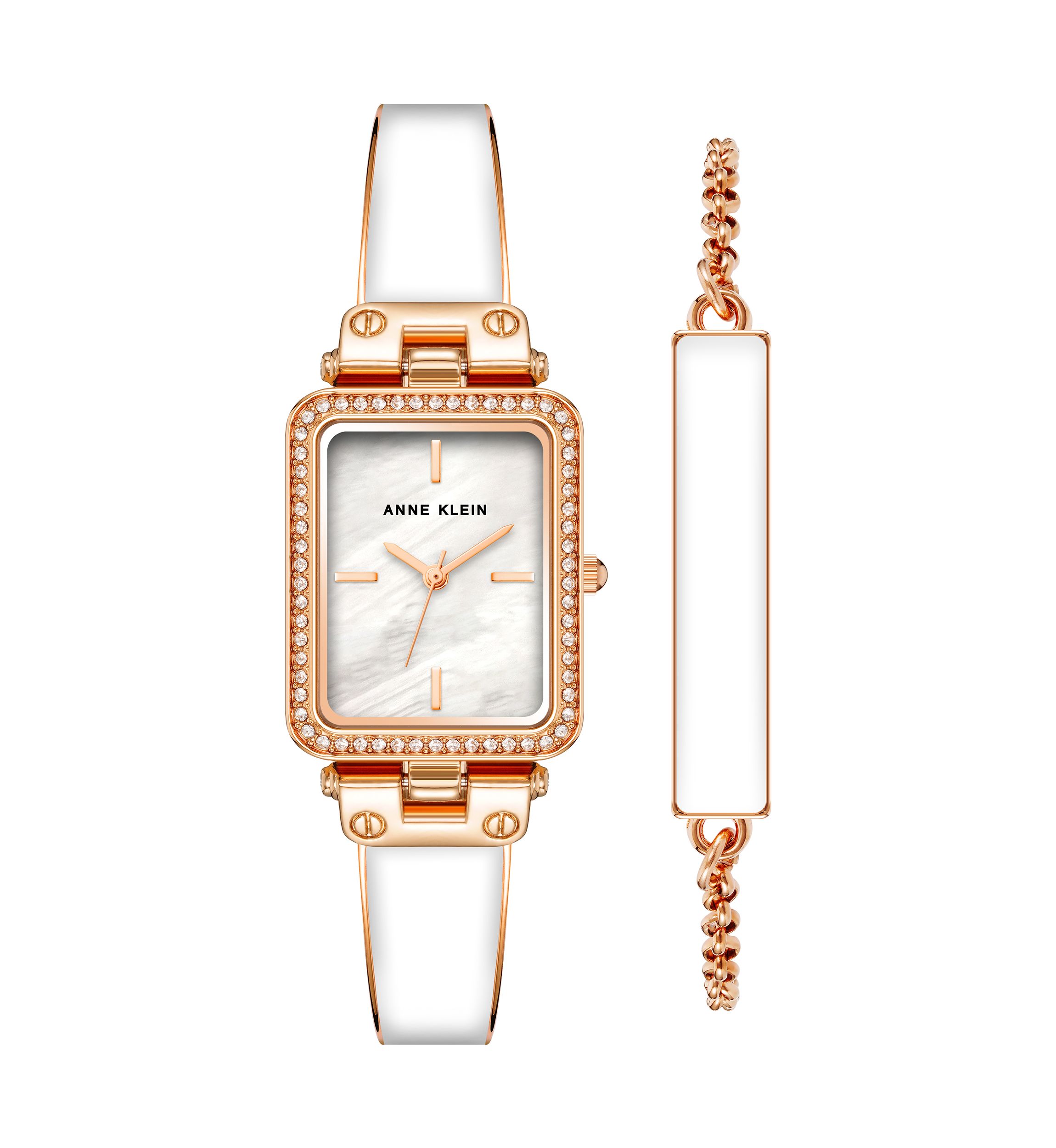 Quartz White Enamel and Gold-Tone Alloy Bangle Watch and Bracelet Set