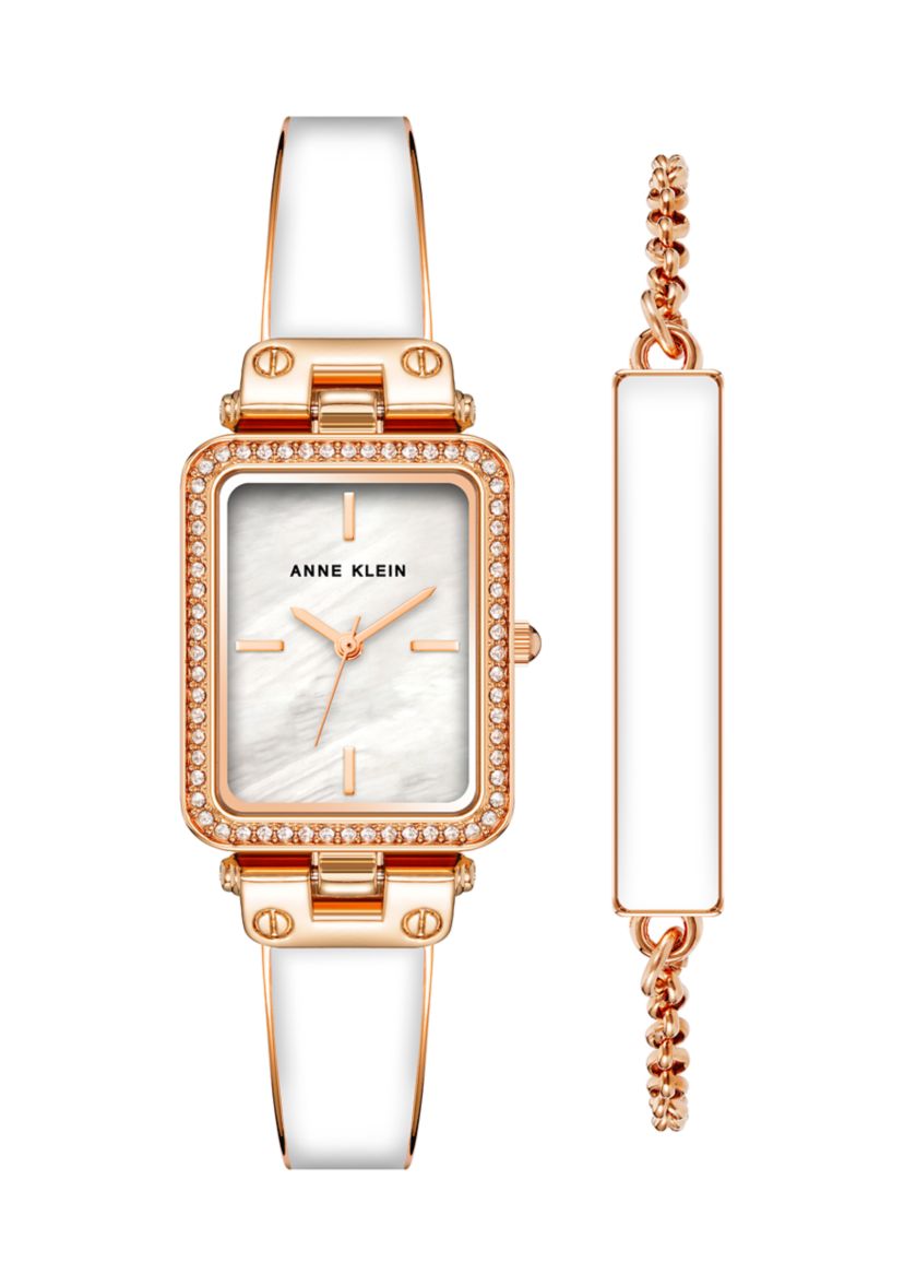 Quartz White Enamel and Gold-Tone Alloy Bangle Watch and Bracelet Set