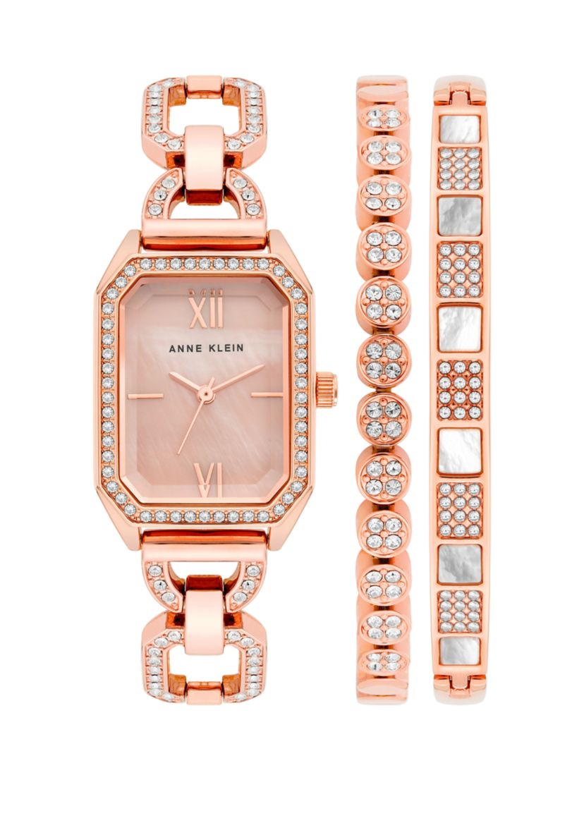 Womens Rose Gold-Tone Metal Link Bracelet Watch Set, 24 Millimeter