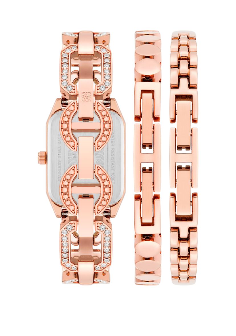 Womens Rose Gold-Tone Metal Link Bracelet Watch Set, 24 Millimeter