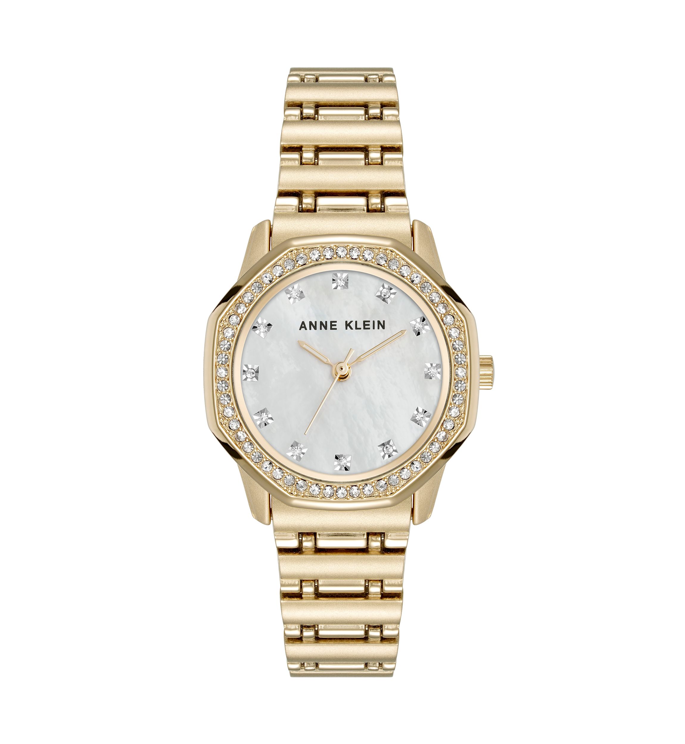 Quartz Crystal Accented Octagonal Alloy Metal Bracelet Watch