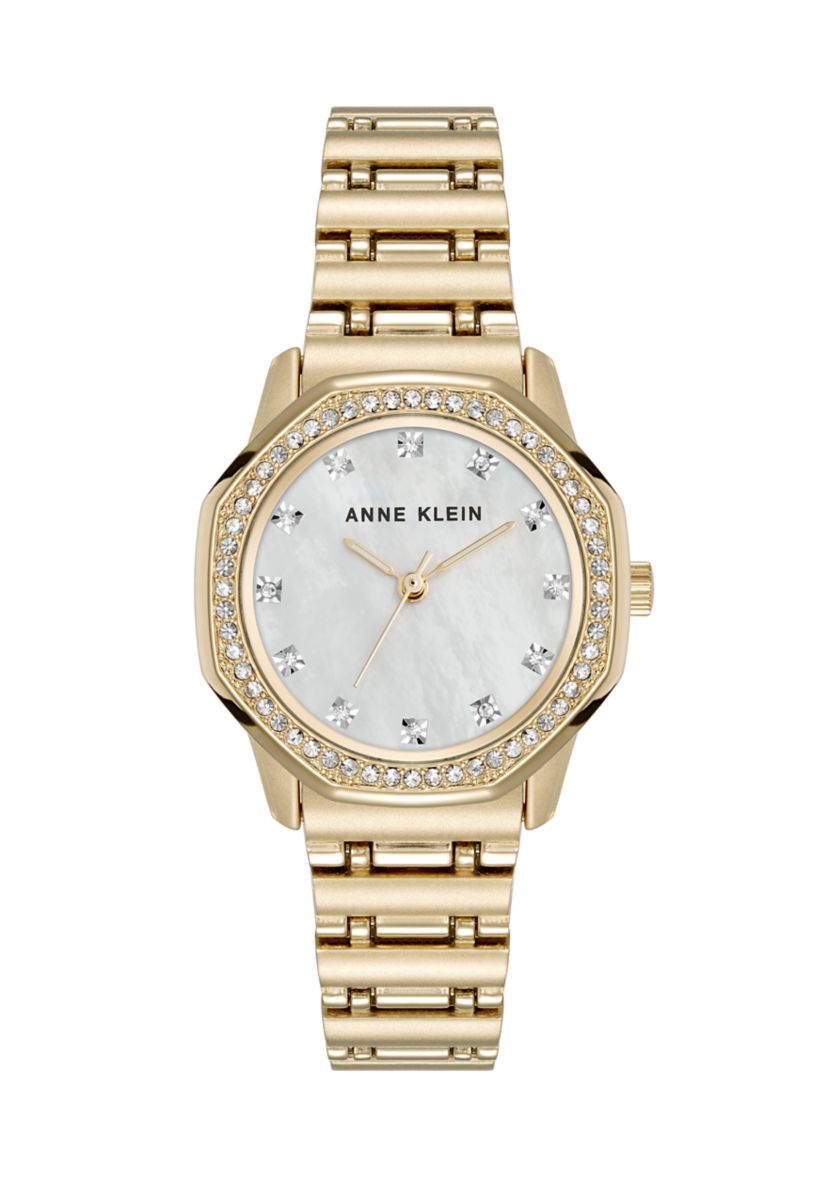 Quartz Crystal Accented Octagonal Alloy Metal Bracelet Watch
