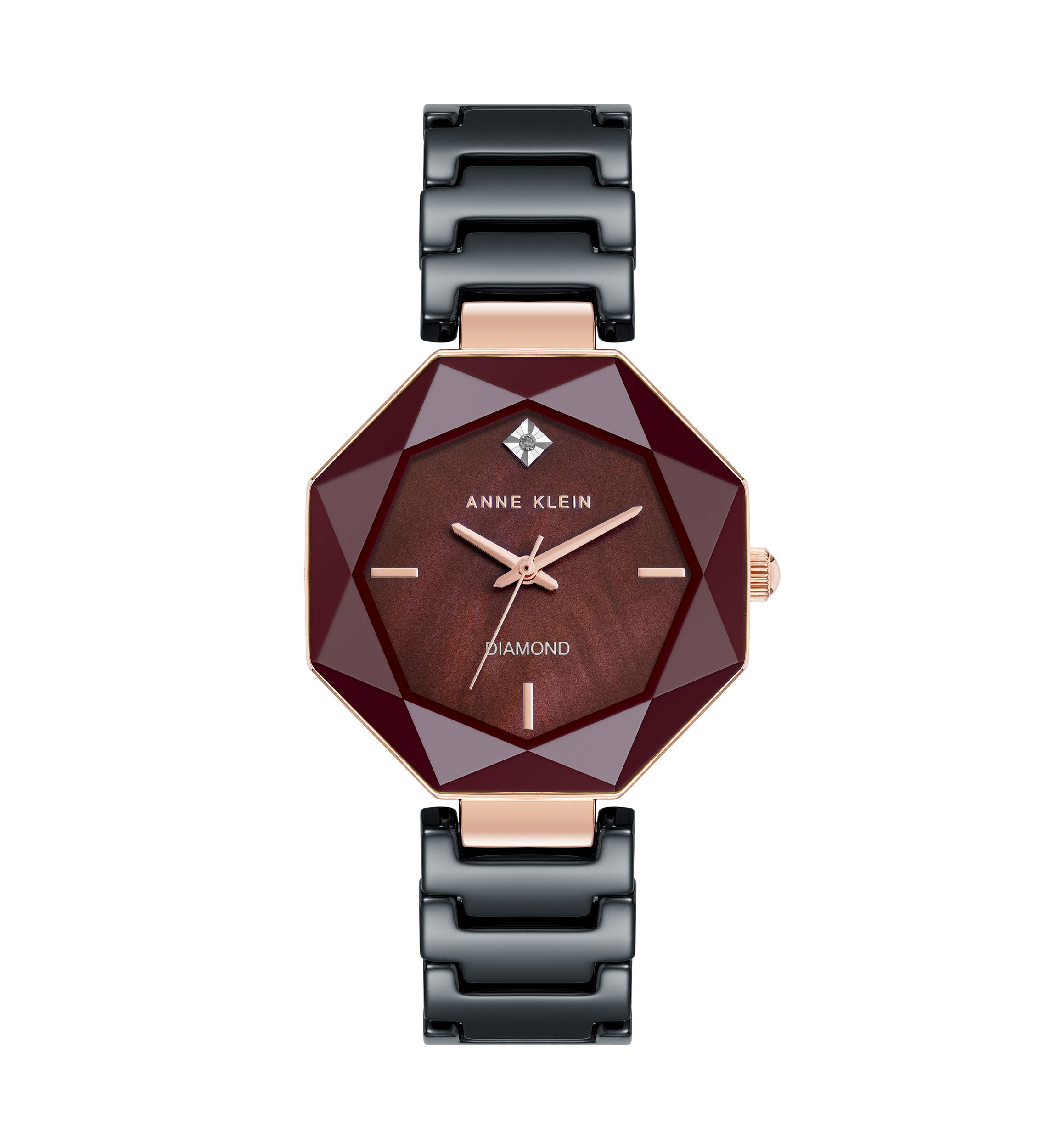 Quartz Burgundy and Black Octagonal Ceramic Watch