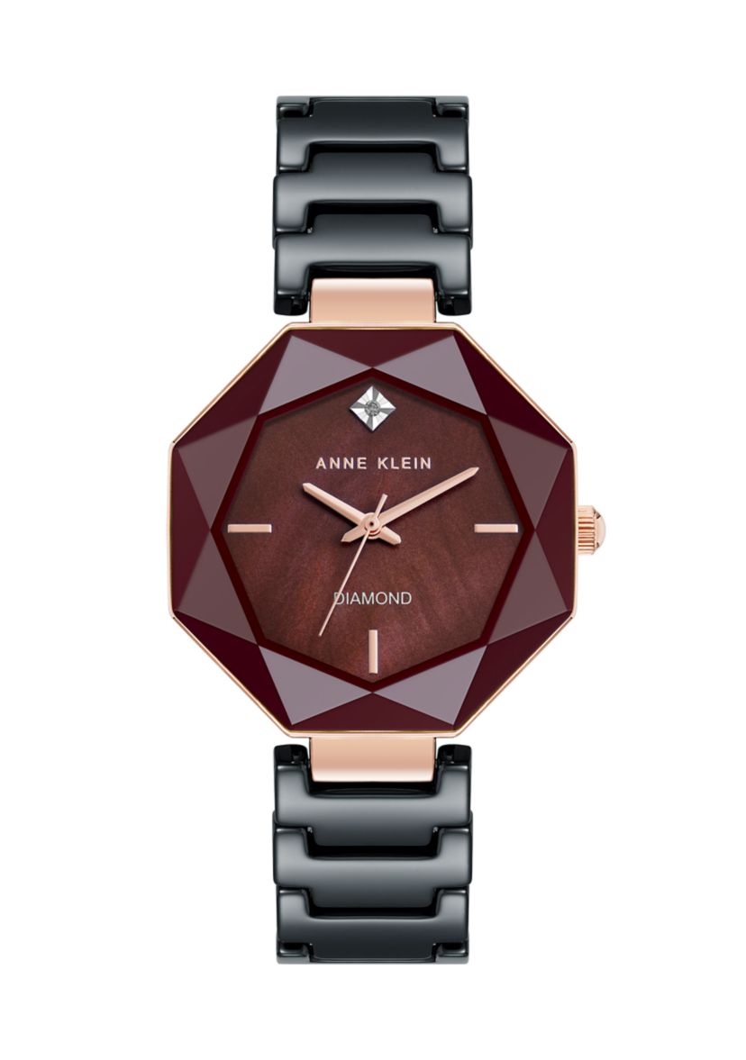 Quartz Burgundy and Black Octagonal Ceramic Watch