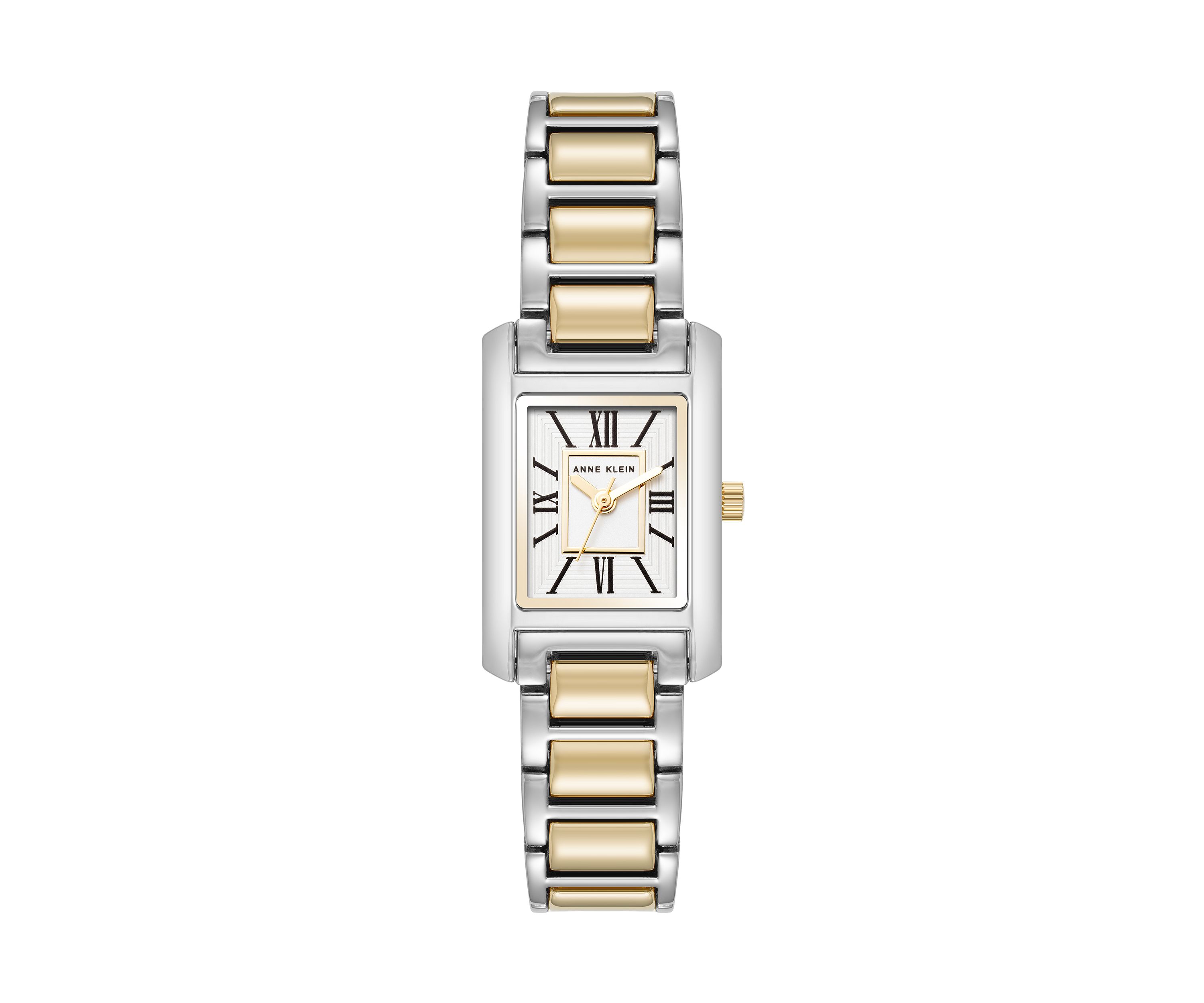 Quartz Classic Rectangular Roman Numeral Two-Tone Alloy Metal Watch