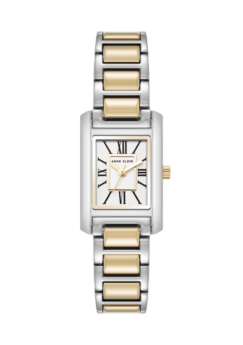 Quartz Classic Rectangular Roman Numeral Two-Tone Alloy Metal Watch