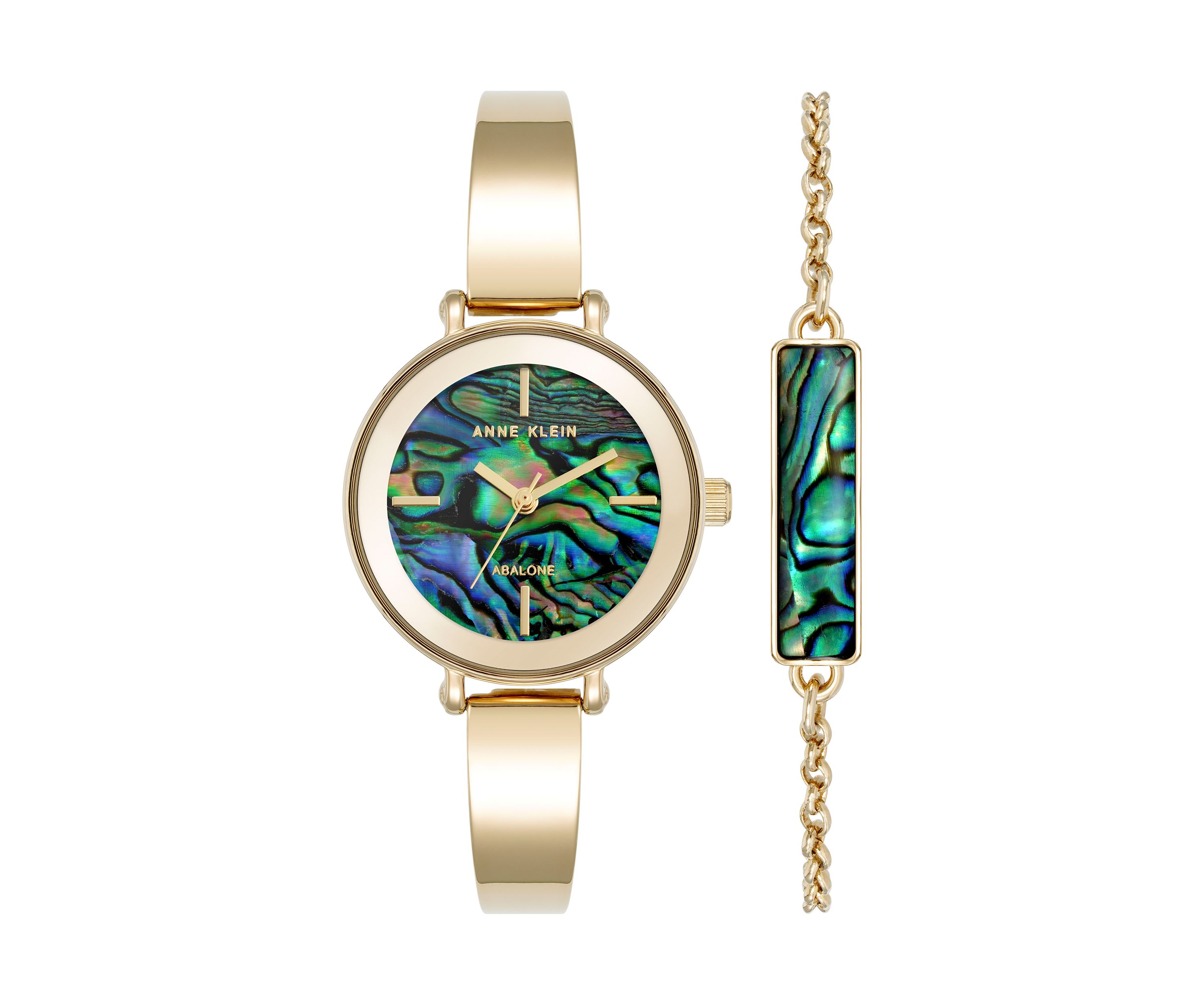 Quartz Round Abalone Gemstone Gold-Tone Alloy Metal Watch and Bracelet Set